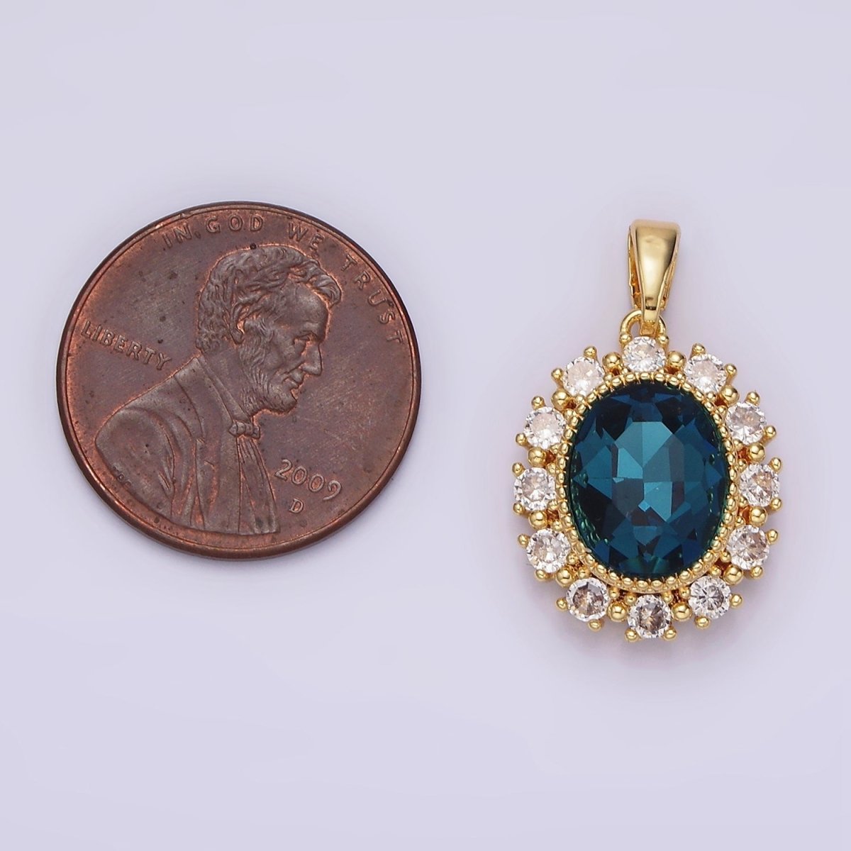 14K Gold plated Blue Multifaceted CZ Dotted Outlined Oval Pendant in Gold & Silver | N1800 N1801