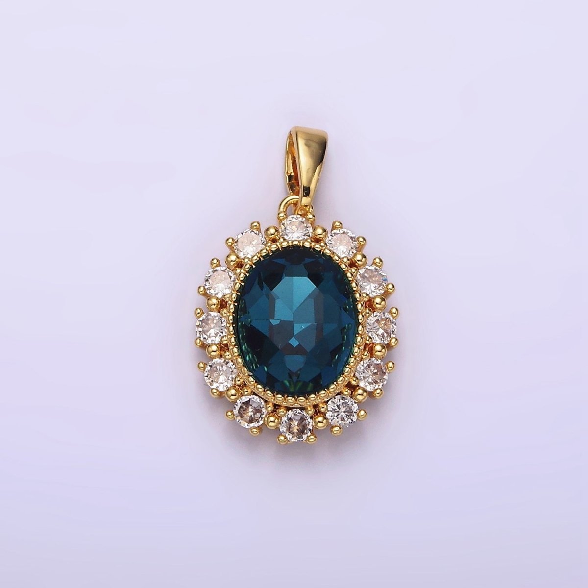 14K Gold plated Blue Multifaceted CZ Dotted Outlined Oval Pendant in Gold & Silver | N1800 N1801