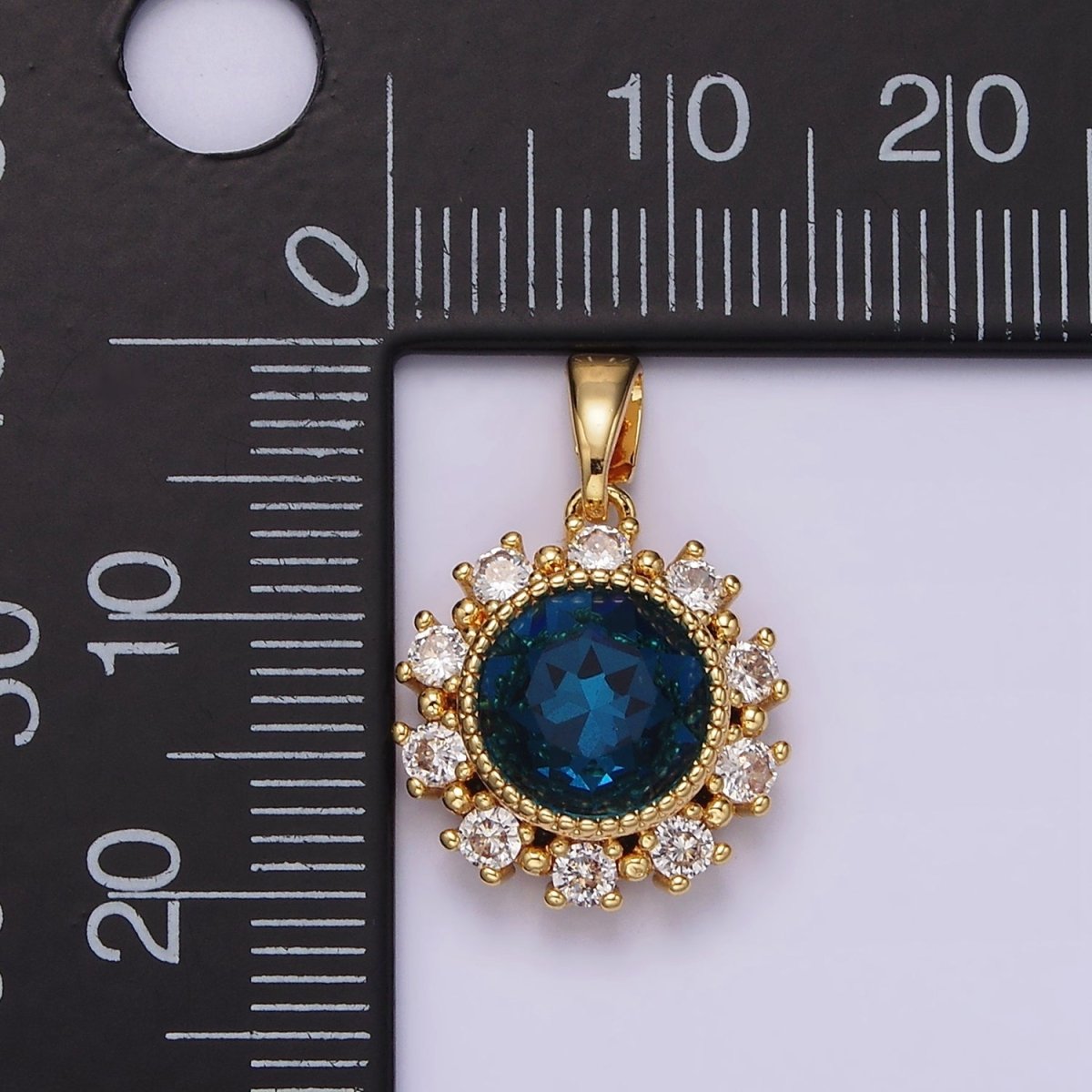14K Gold plated Blue Multifaceted CZ Dotted Outlined Round Pendant in Gold & Silver | N1802 N1803