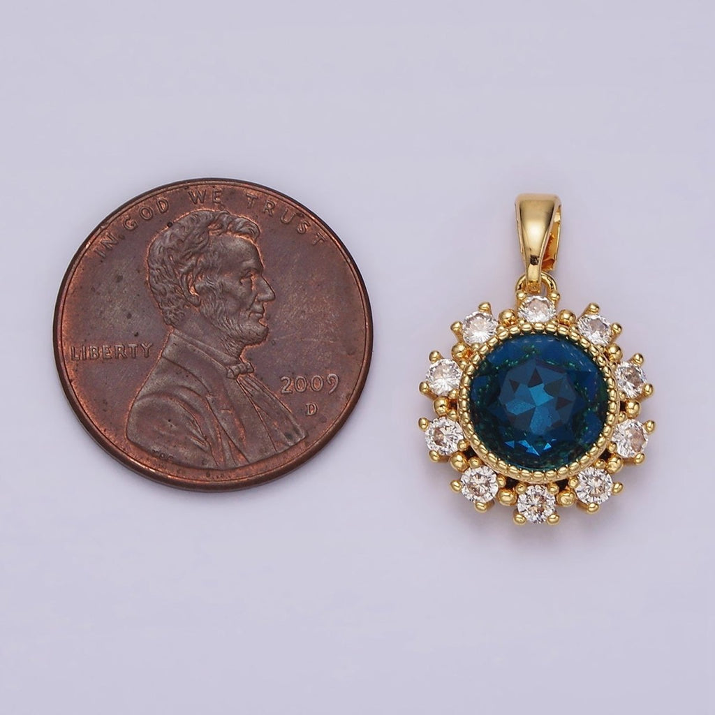 14K Gold plated Blue Multifaceted CZ Dotted Outlined Round Pendant in Gold & Silver | N1802 N1803