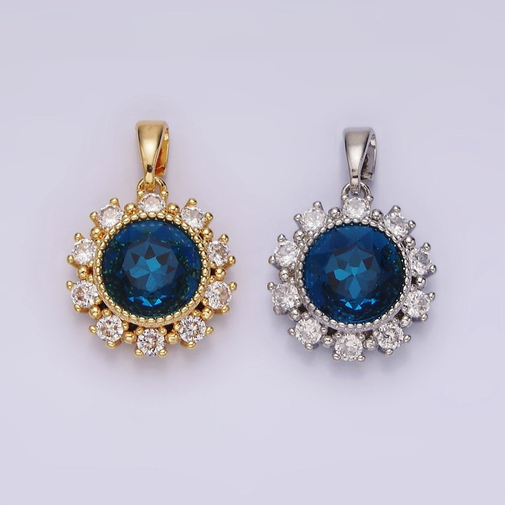 14K Gold plated Blue Multifaceted CZ Dotted Outlined Round Pendant in Gold & Silver | N1802 N1803