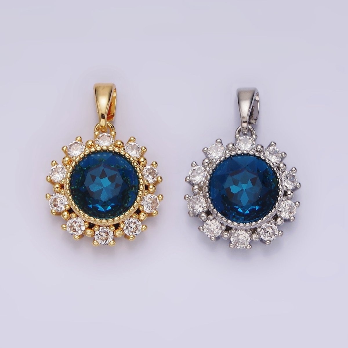 14K Gold plated Blue Multifaceted CZ Dotted Outlined Round Pendant in Gold & Silver | N1802 N1803
