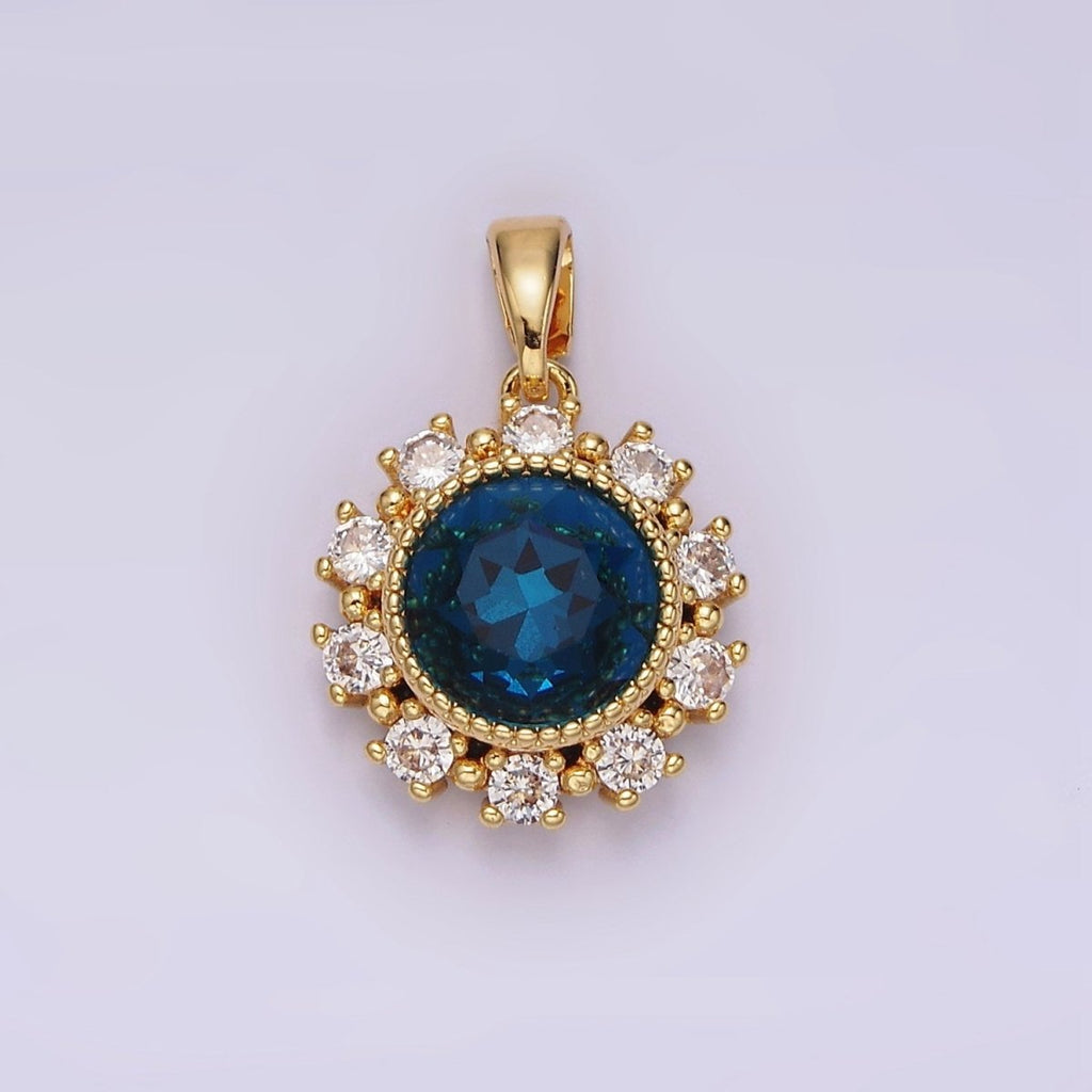 14K Gold plated Blue Multifaceted CZ Dotted Outlined Round Pendant in Gold & Silver | N1802 N1803