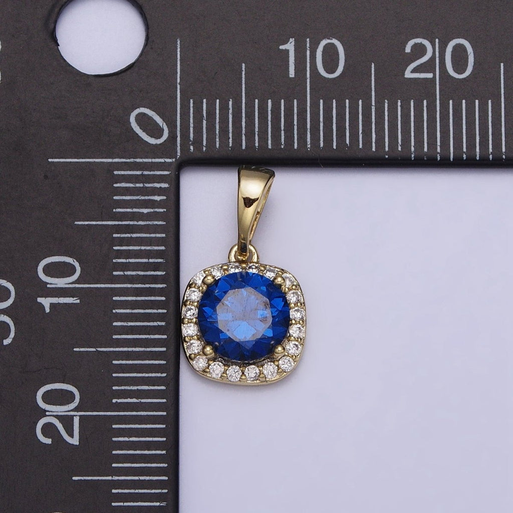 14K Gold plated Blue Sapphire Round CZ Micro Paved Square Pendant | AA046 - DLUXCA