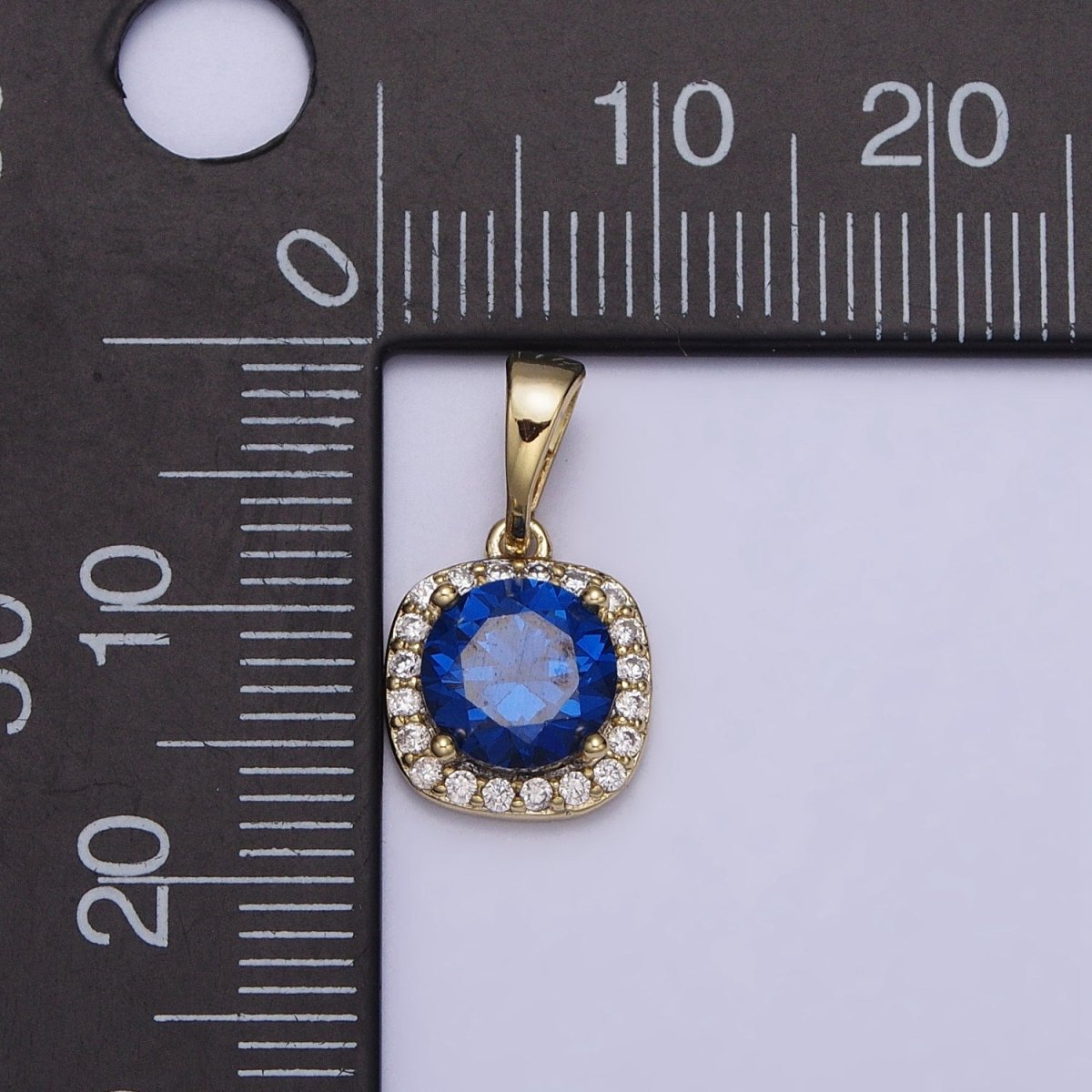 14K Gold plated Blue Sapphire Round CZ Micro Paved Square Pendant | AA046 - DLUXCA
