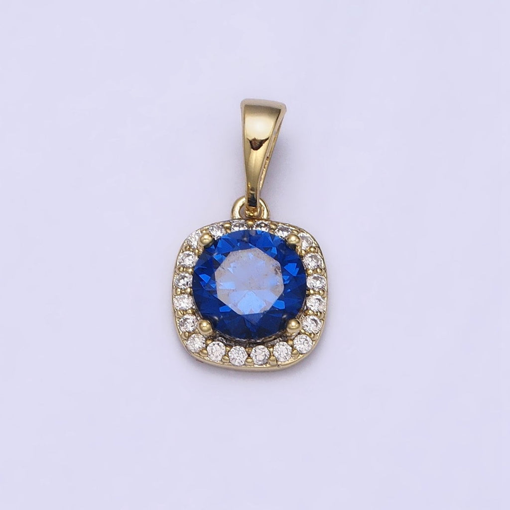 14K Gold plated Blue Sapphire Round CZ Micro Paved Square Pendant | AA046 - DLUXCA