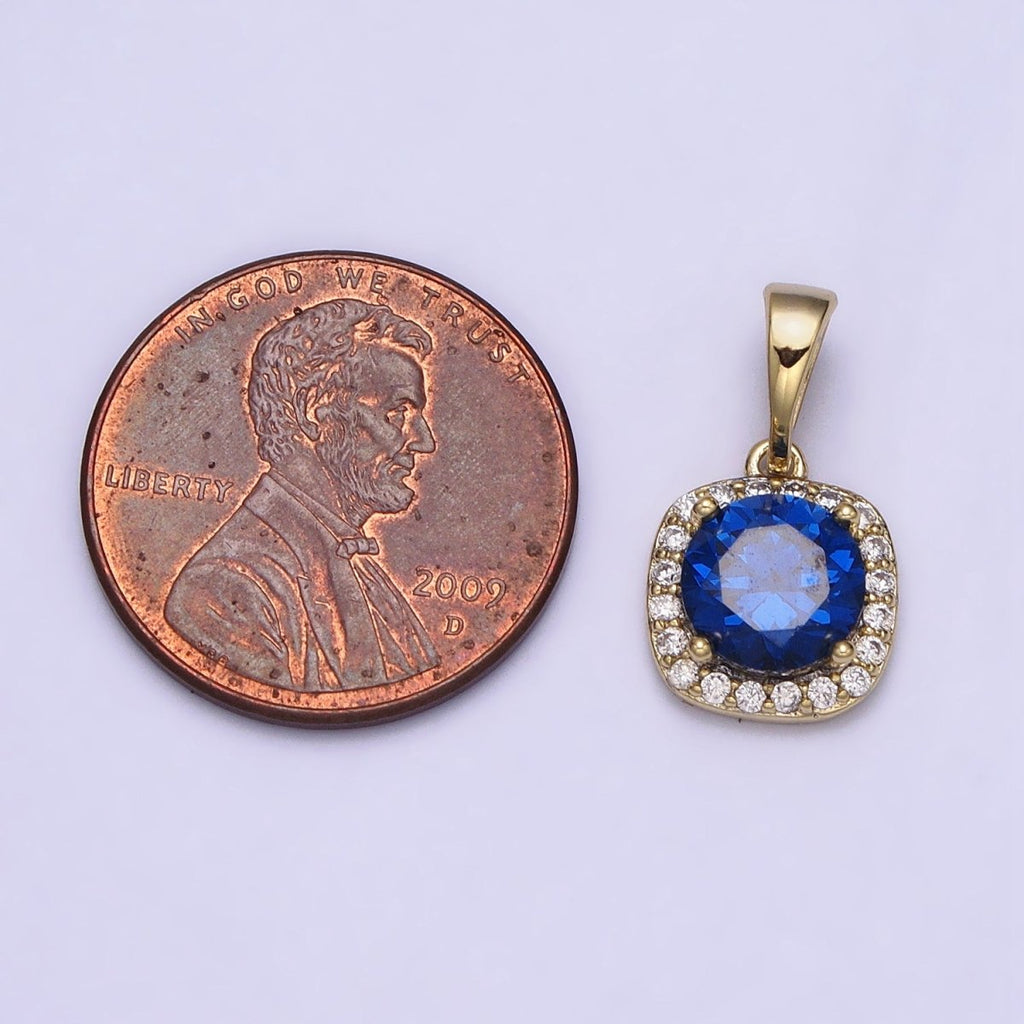 14K Gold plated Blue Sapphire Round CZ Micro Paved Square Pendant | AA046 - DLUXCA