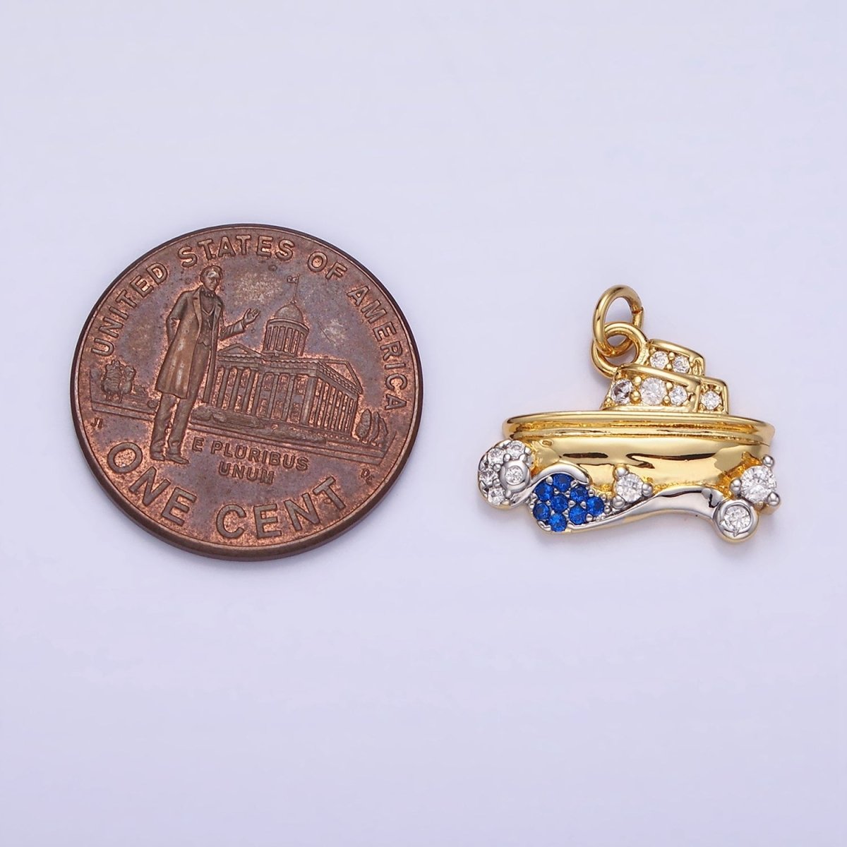 14K Gold plated Boat Ocean Water CZ Micro Paved Mixed Metal Charm | AG632 - DLUXCA