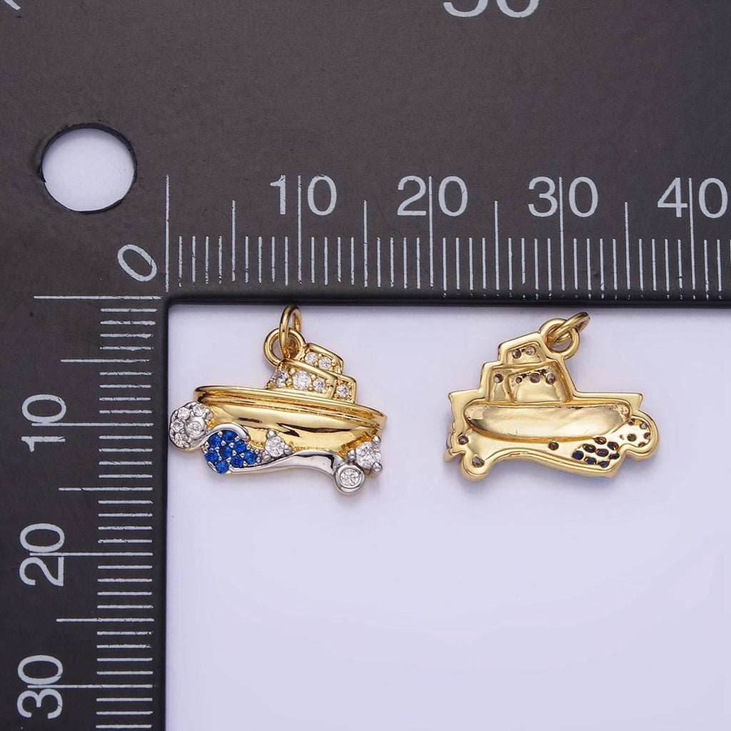 14K Gold plated Boat Ocean Water CZ Micro Paved Mixed Metal Charm | AG632 - DLUXCA