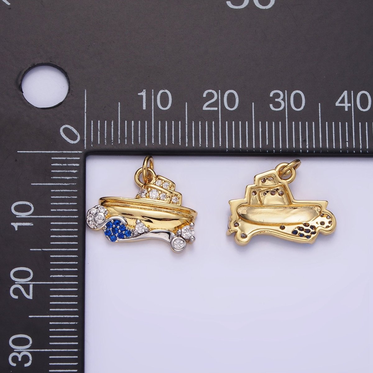 14K Gold plated Boat Ocean Water CZ Micro Paved Mixed Metal Charm | AG632 - DLUXCA