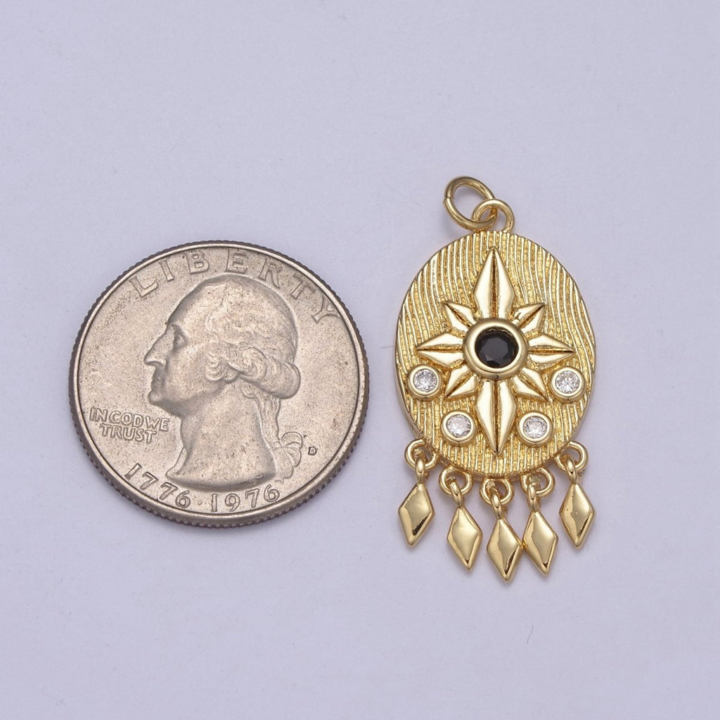 14K Gold plated Bohemian Lotus Charm With Black Cz Stone Dangle Pendant for Necklace N-350 - DLUXCA