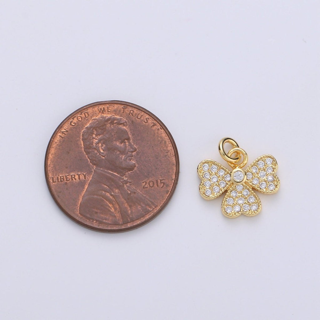 14k Gold plated Bow Charm Micro Pave Ribbon Charm, Clear Cubic Charms, CZ Gold Mini Charm, Dainty Minimalist Jewelry Supply D-710 - DLUXCA