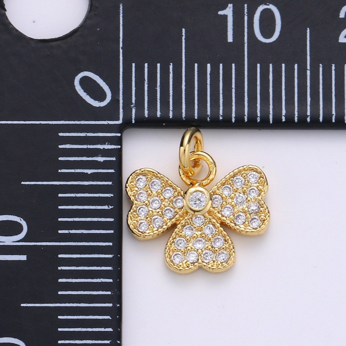 14k Gold plated Bow Charm Micro Pave Ribbon Charm, Clear Cubic Charms, CZ Gold Mini Charm, Dainty Minimalist Jewelry Supply D-710 - DLUXCA