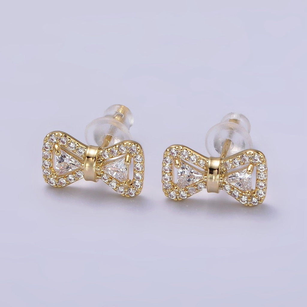14K Gold plated Bow Ribbon Micro Paved Stud Earrings in Gold & Silver | V267 V268 - DLUXCA