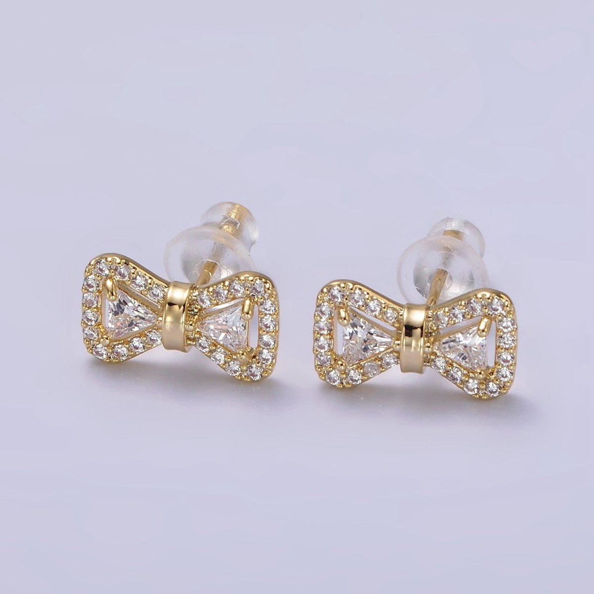14K Gold plated Bow Ribbon Micro Paved Stud Earrings in Gold & Silver | V267 V268 - DLUXCA