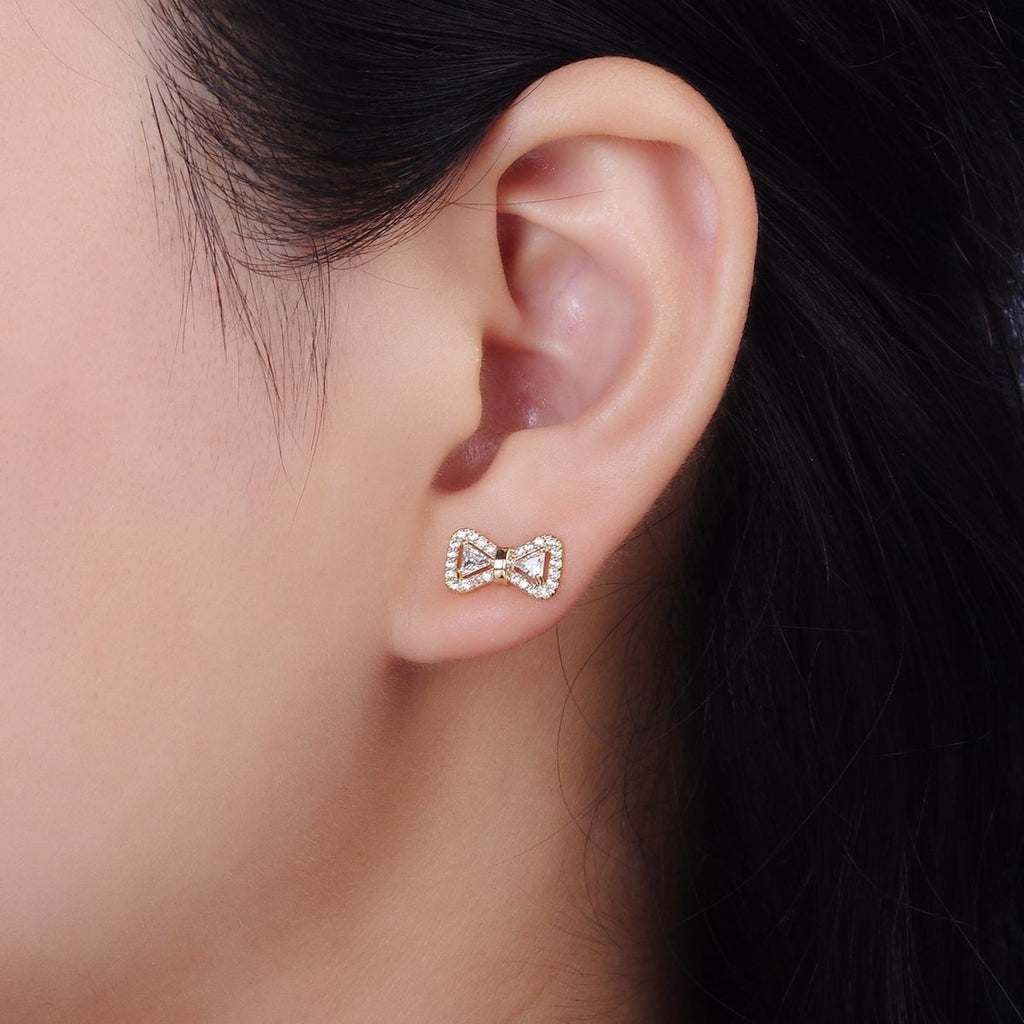 14K Gold plated Bow Ribbon Micro Paved Stud Earrings in Gold & Silver | V267 V268 - DLUXCA