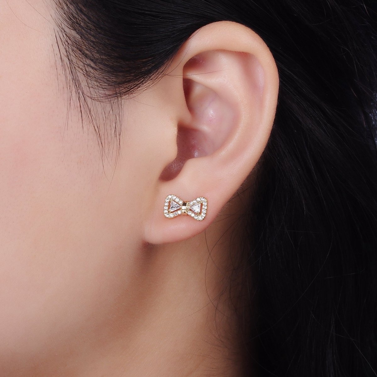 14K Gold plated Bow Ribbon Micro Paved Stud Earrings in Gold & Silver | V267 V268 - DLUXCA