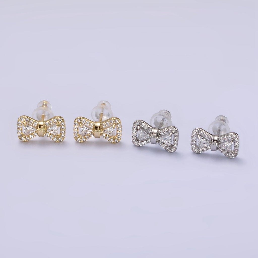 14K Gold plated Bow Ribbon Micro Paved Stud Earrings in Gold & Silver | V267 V268 - DLUXCA