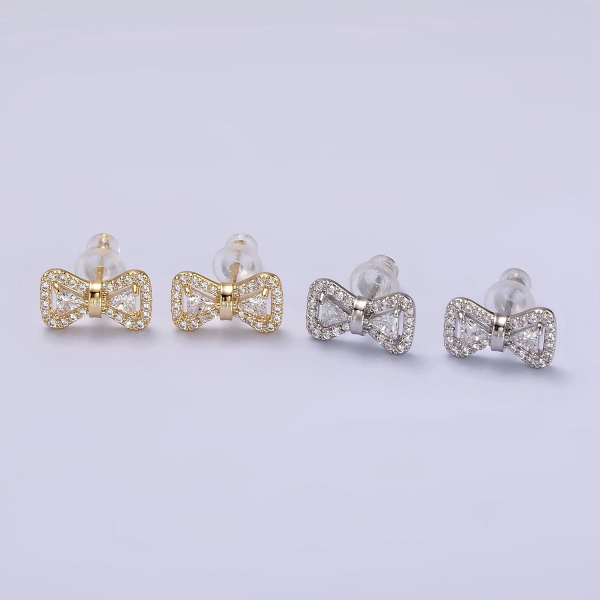 14K Gold plated Bow Ribbon Micro Paved Stud Earrings in Gold & Silver | V267 V268 - DLUXCA