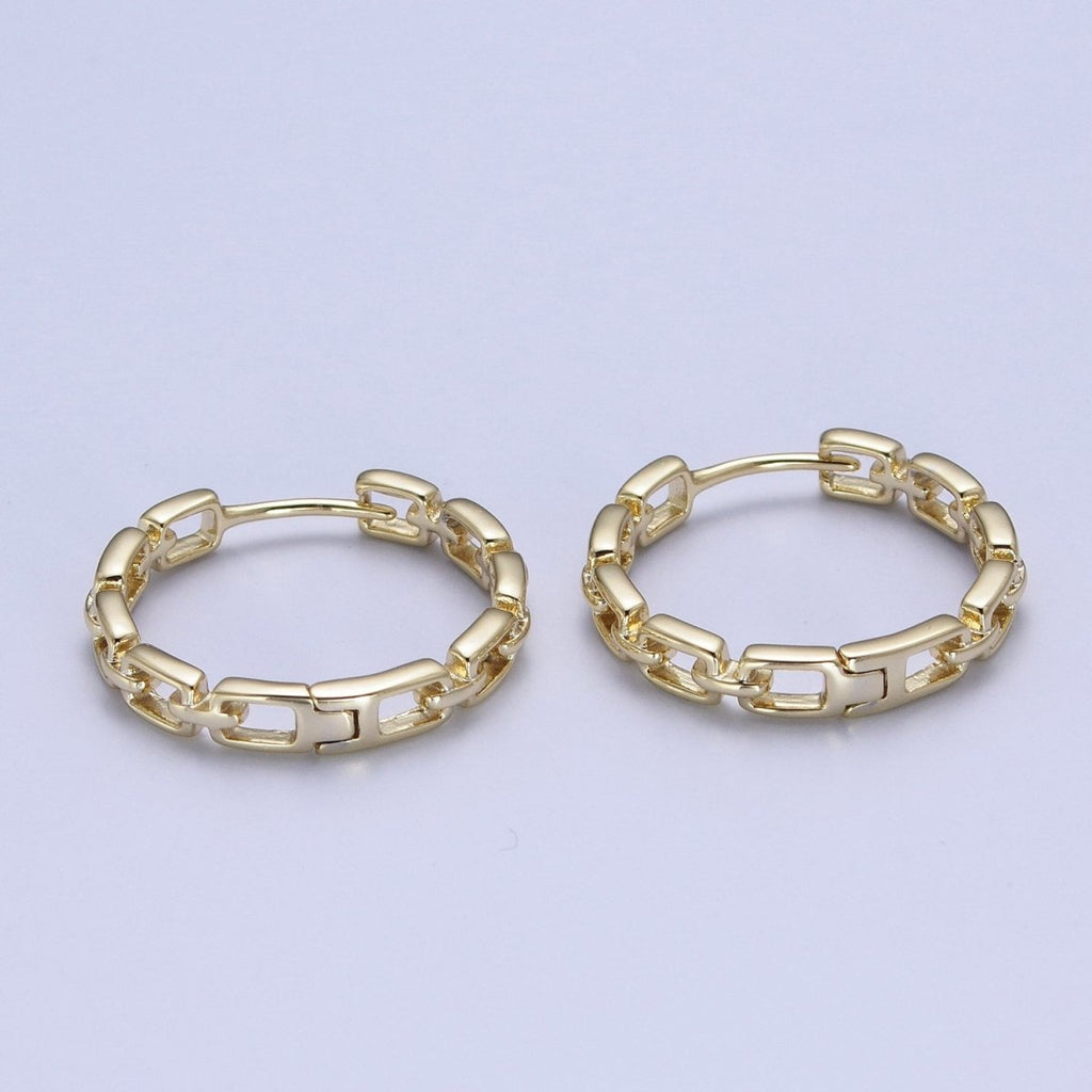 14K Gold plated Boxy Geometric Cable Chain Link Huggie Hoop Earrings | Y-013 - DLUXCA