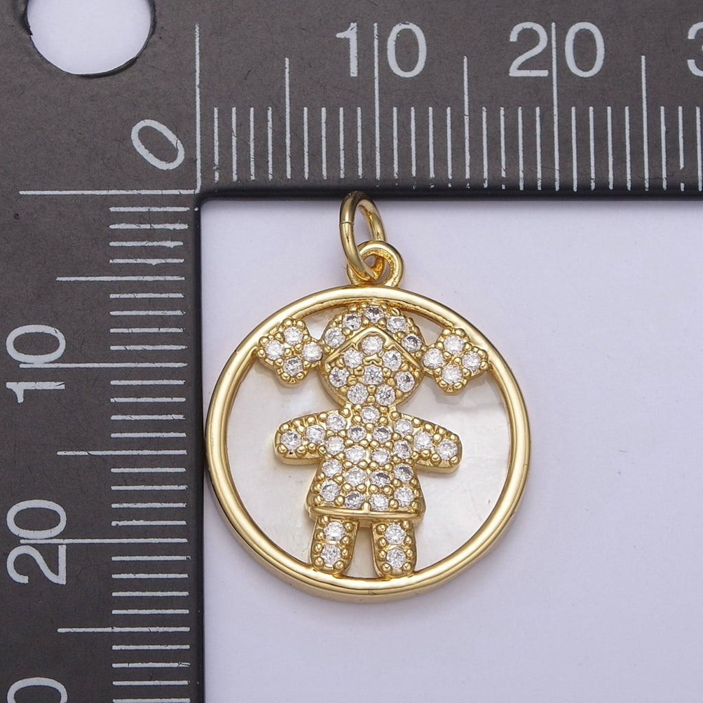 14K Gold plated Boy / Girl Charm Pendant, CZ Micro Pave Pearl Boy and Girl Pendant, Kids Charm, Cubic Zirconia, Charm Necklace N-798 N-799