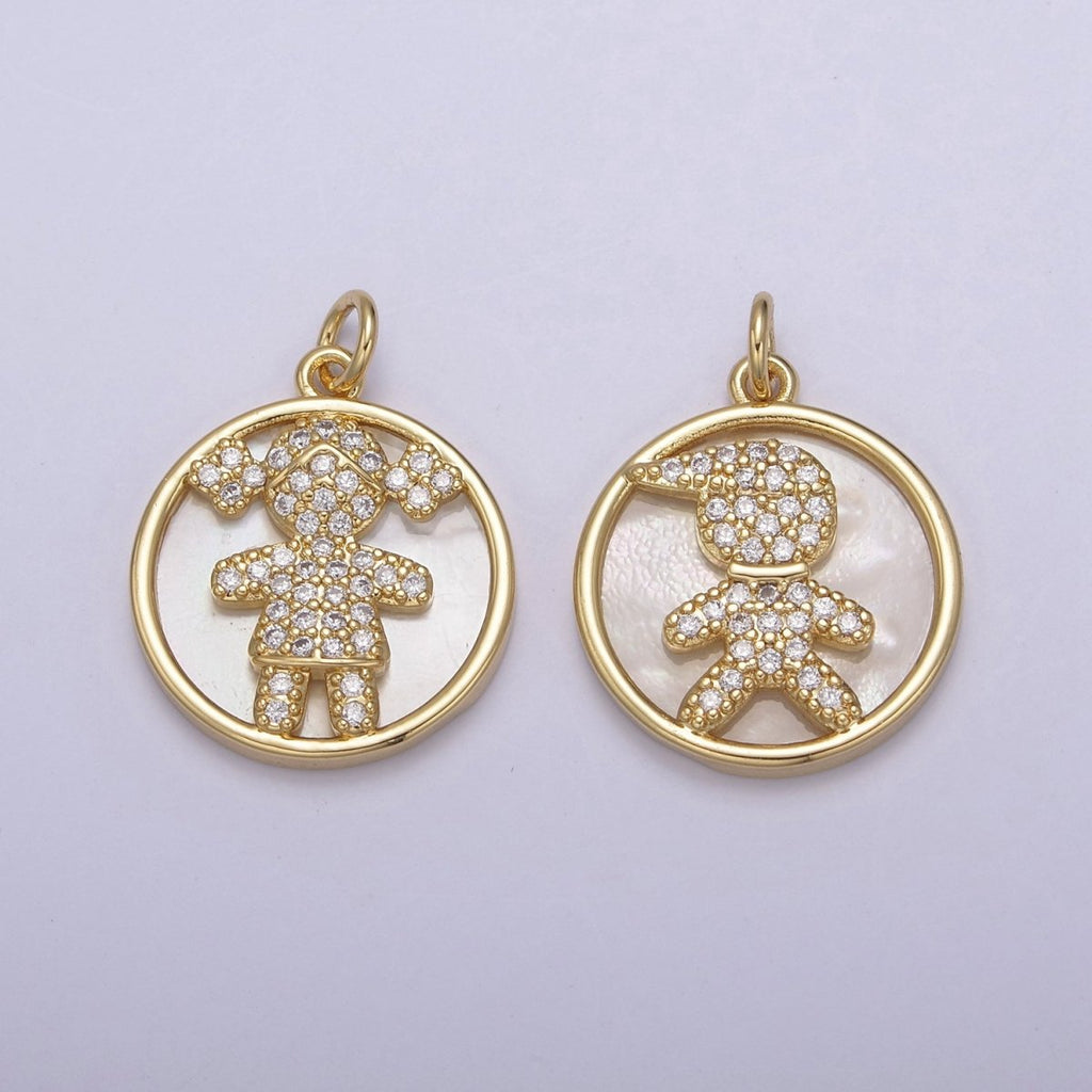 14K Gold plated Boy / Girl Charm Pendant, CZ Micro Pave Pearl Boy and Girl Pendant, Kids Charm, Cubic Zirconia, Charm Necklace N-798 N-799