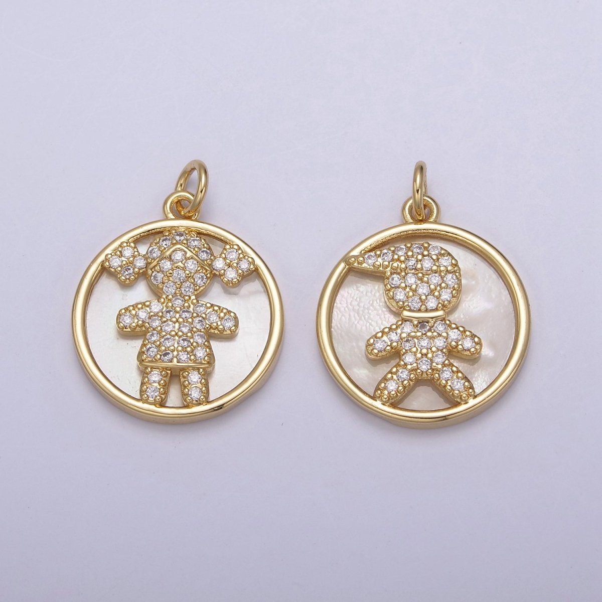 14K Gold plated Boy / Girl Charm Pendant, CZ Micro Pave Pearl Boy and Girl Pendant, Kids Charm, Cubic Zirconia, Charm Necklace N-798 N-799