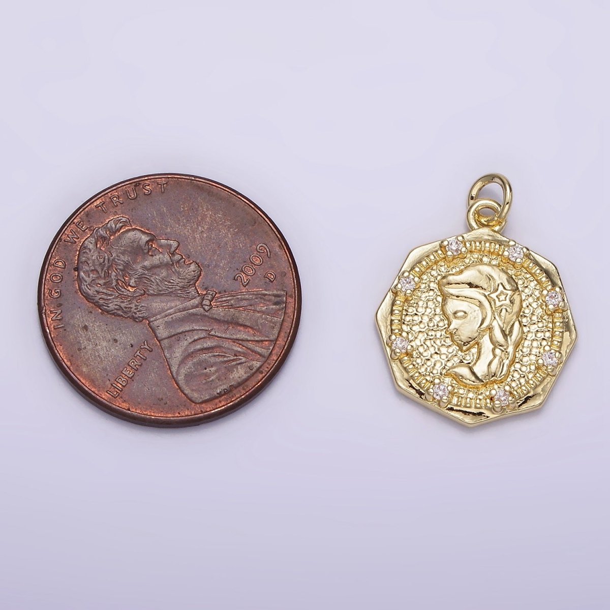 14K Gold plated Braided Girl Princess Mermaid Lady Portrait Cameo CZ Hammered Octagonal Charm | AG184 - DLUXCA