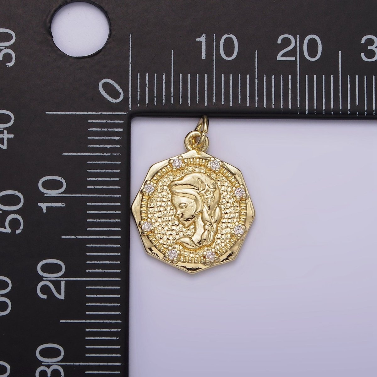 14K Gold plated Braided Girl Princess Mermaid Lady Portrait Cameo CZ Hammered Octagonal Charm | AG184 - DLUXCA