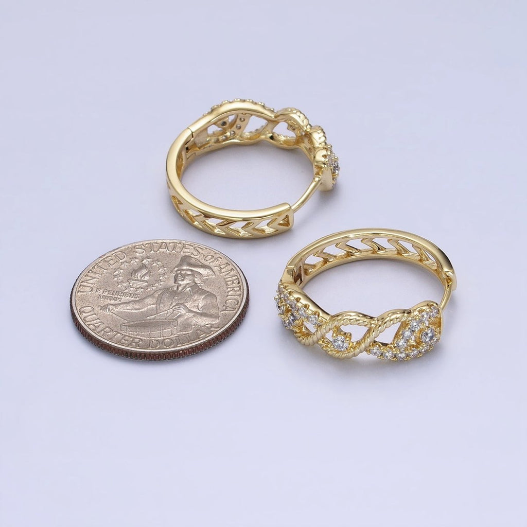 14K Gold plated Braided Twist Micro Paved CZ Open Filigree Endless Hoop Huggie Earrings | AD1387 - DLUXCA