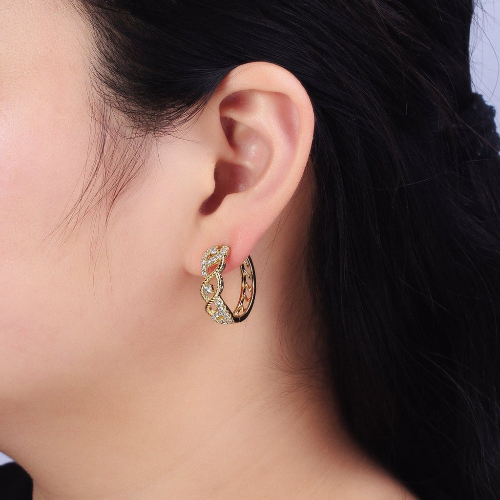14K Gold plated Braided Twist Micro Paved CZ Open Filigree Endless Hoop Huggie Earrings | AD1387 - DLUXCA