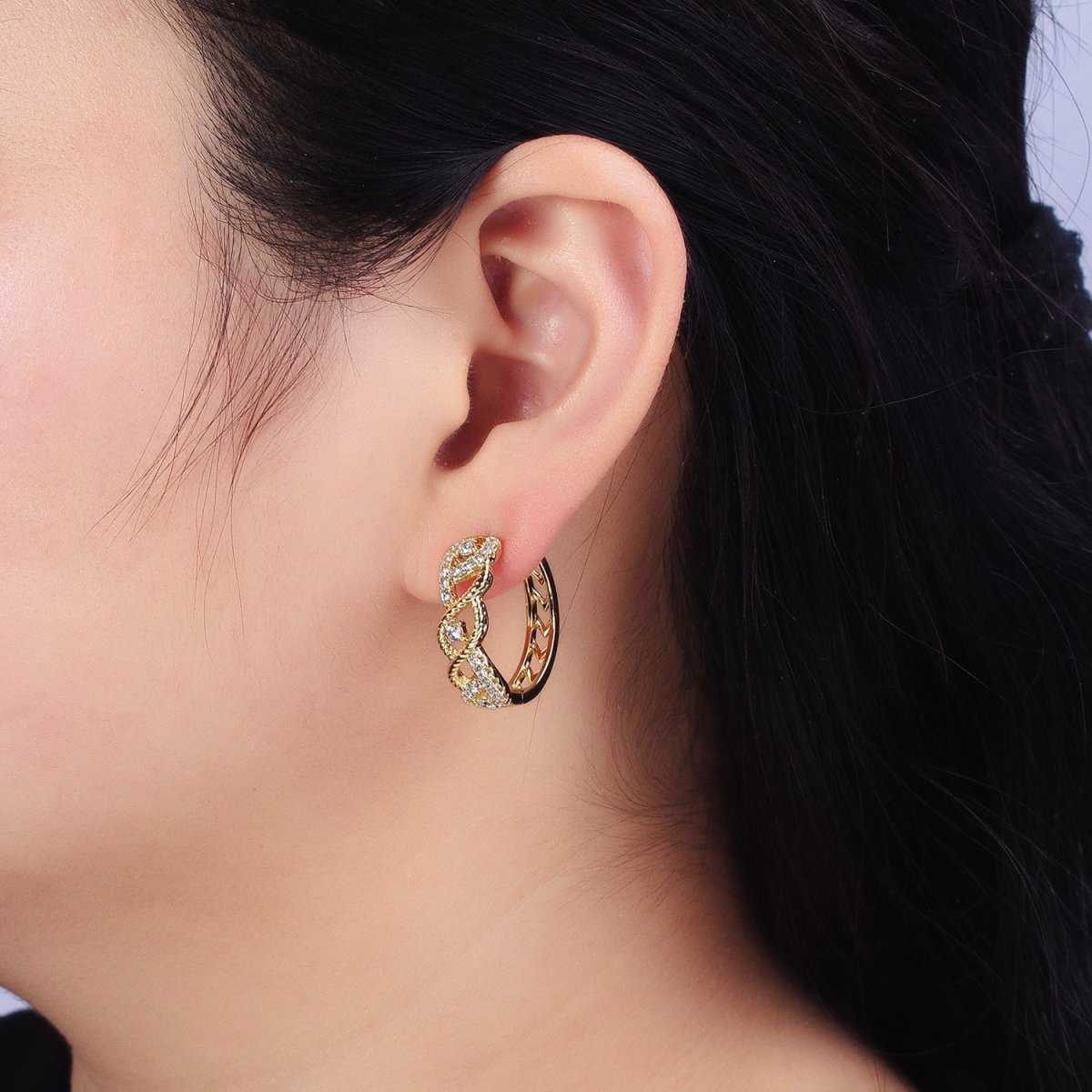 14K Gold plated Braided Twist Micro Paved CZ Open Filigree Endless Hoop Huggie Earrings | AD1387 - DLUXCA