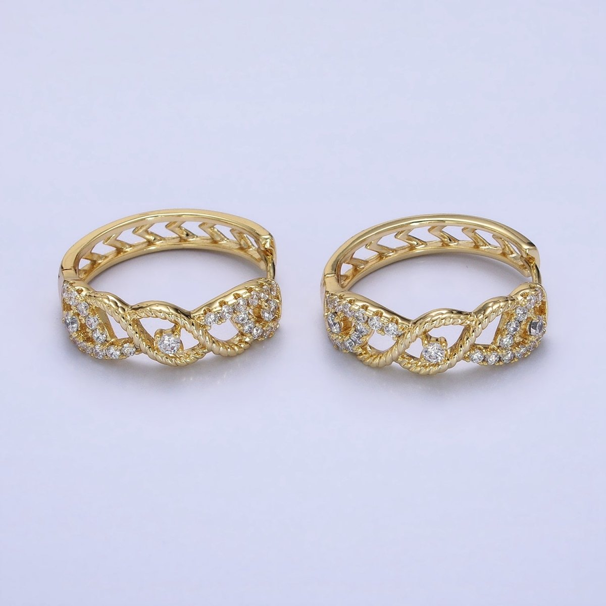 14K Gold plated Braided Twist Micro Paved CZ Open Filigree Endless Hoop Huggie Earrings | AD1387 - DLUXCA