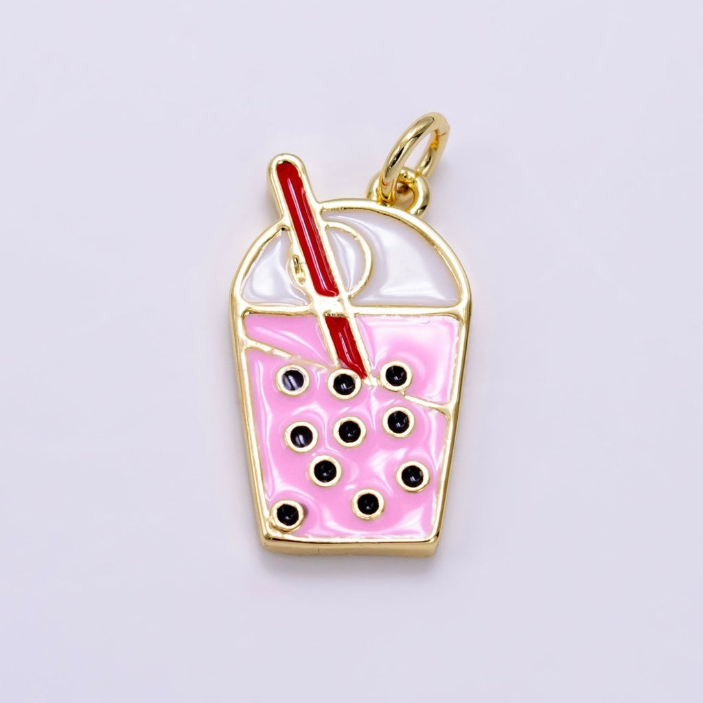 14K Gold plated Bubble Boba Drink Pink Enamel Charm | AG755 - DLUXCA