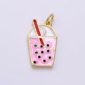 14K Gold plated Bubble Boba Drink Pink Enamel Charm | AG755 - DLUXCA