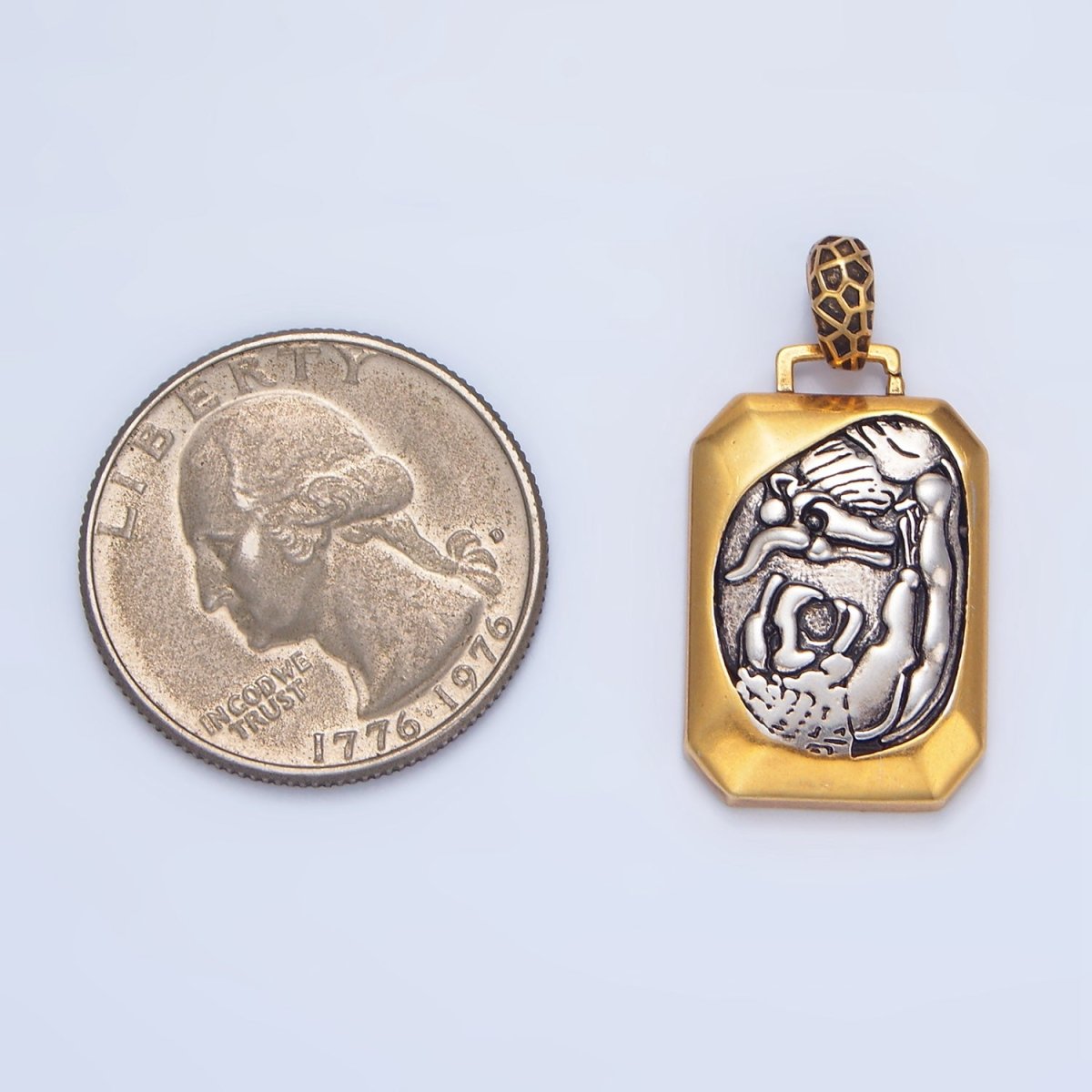 14K Gold plated Bull Lion Animal Edged Rectangle Mixed Metal Pendant | AA125 - DLUXCA