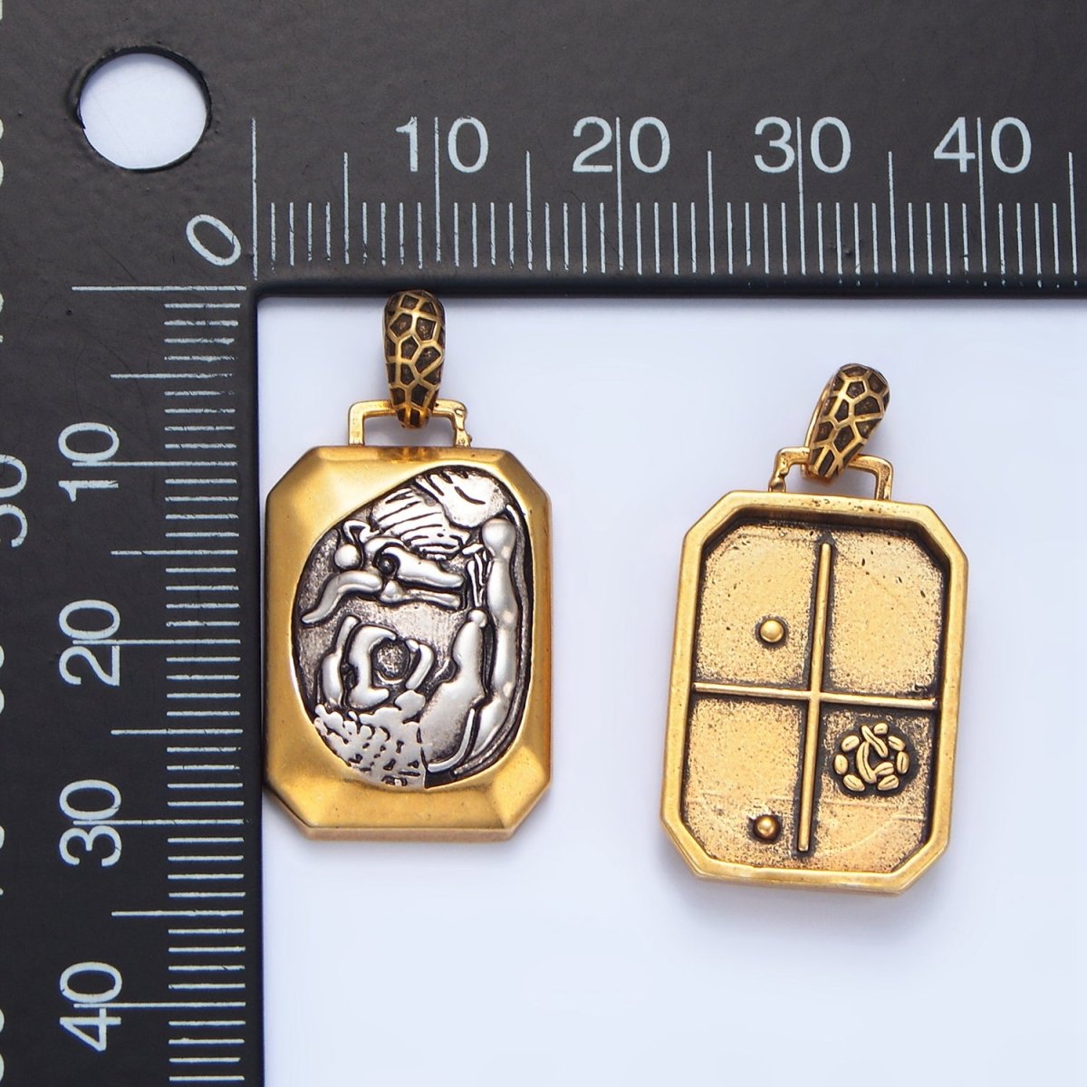 14K Gold plated Bull Lion Animal Edged Rectangle Mixed Metal Pendant | AA125 - DLUXCA