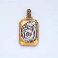 14K Gold plated Bull Lion Animal Edged Rectangle Mixed Metal Pendant | AA125 - DLUXCA