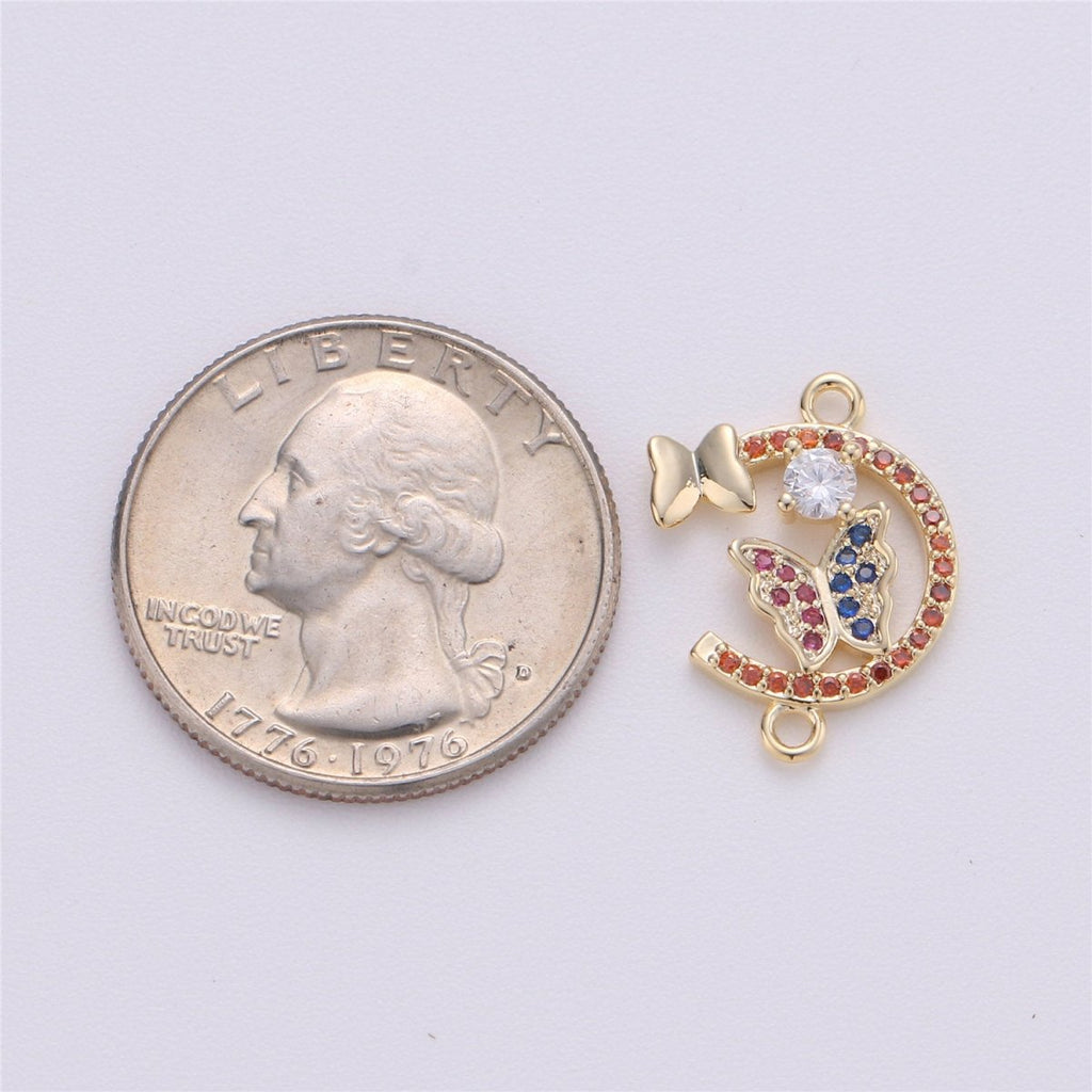 14k Gold plated Butterfly Connector Micro Pave Butterfly Charm CZ Bracecklace Pendantlet Connector Charm, Ne Double Bail Red Blue F-259 - DLUXCA