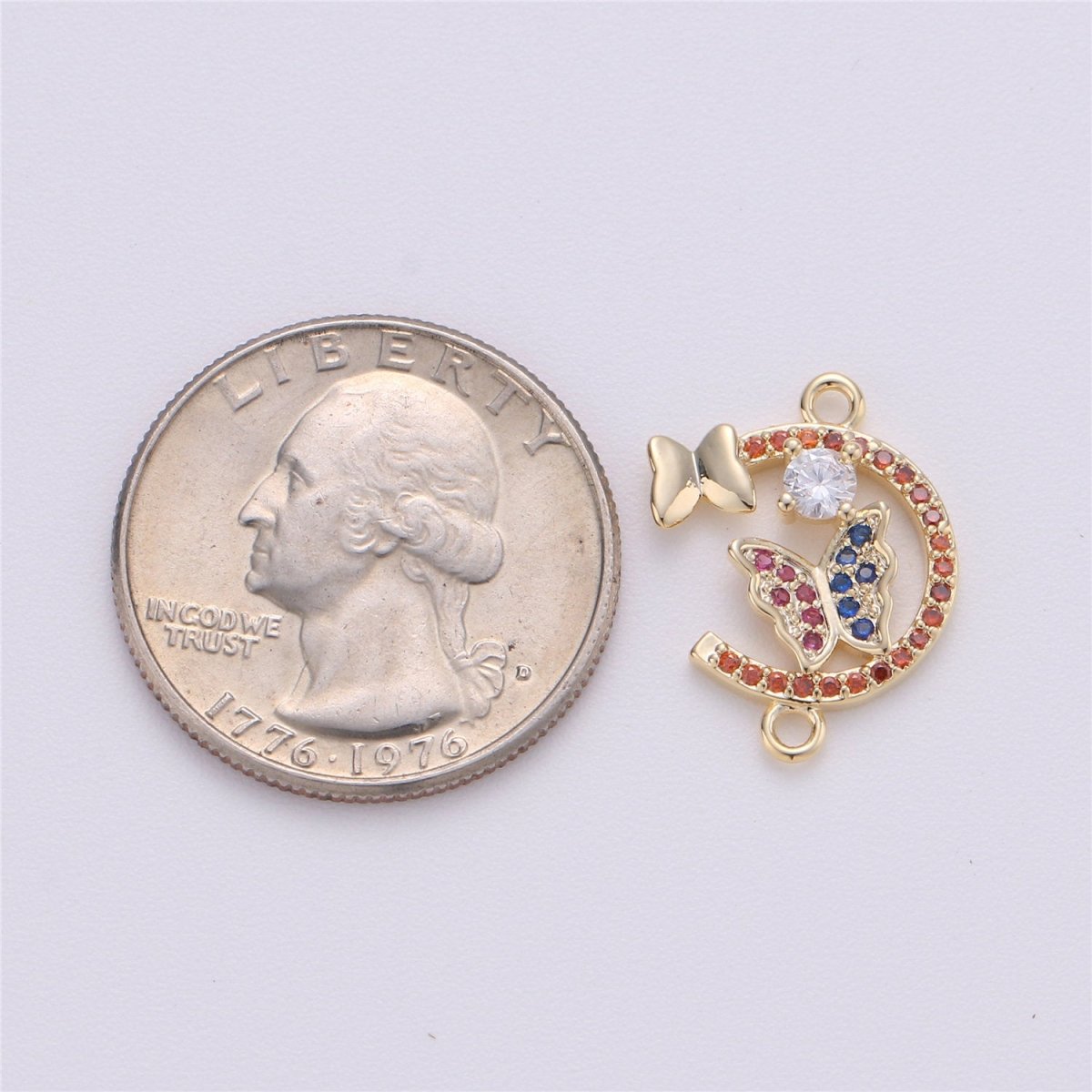 14k Gold plated Butterfly Connector Micro Pave Butterfly Charm CZ Bracecklace Pendantlet Connector Charm, Ne Double Bail Red Blue F-259 - DLUXCA