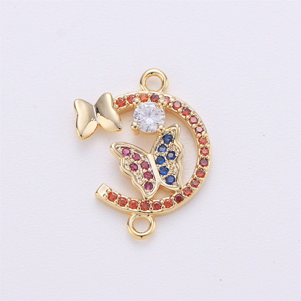 14k Gold plated Butterfly Connector Micro Pave Butterfly Charm CZ Bracecklace Pendantlet Connector Charm, Ne Double Bail Red Blue F-259 - DLUXCA