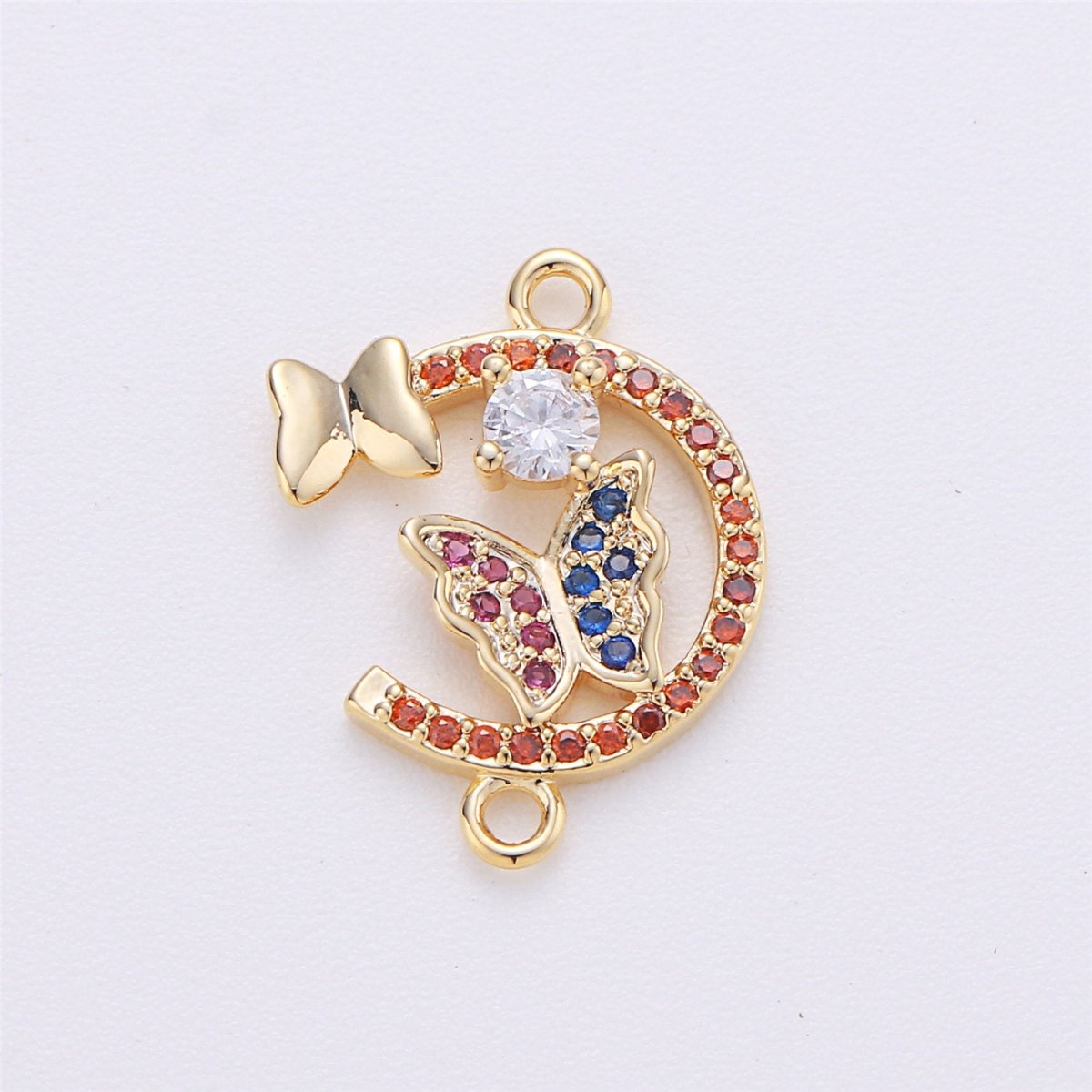14k Gold plated Butterfly Connector Micro Pave Butterfly Charm CZ Bracecklace Pendantlet Connector Charm, Ne Double Bail Red Blue F-259 - DLUXCA
