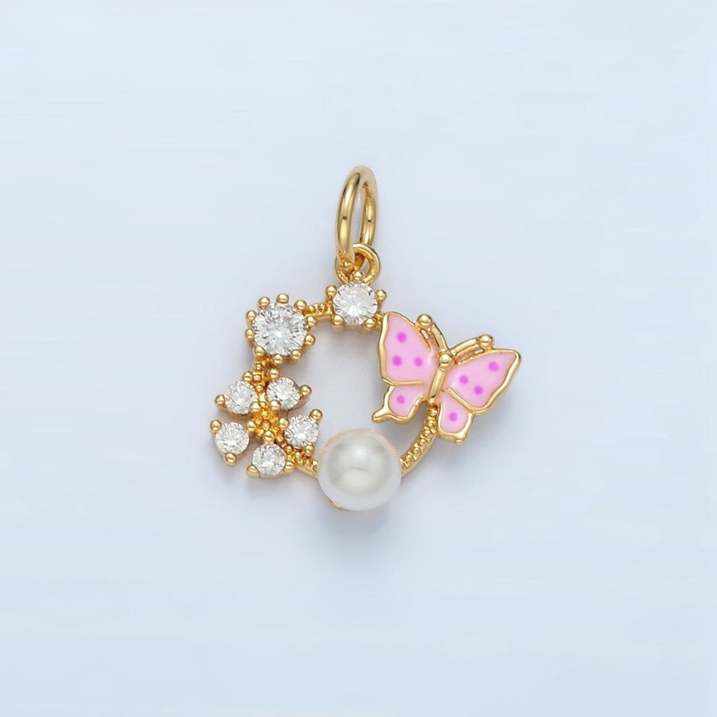 14K Gold plated Butterfly Enamel CZ Flower Pearl Open Round Charm | AG946 - DLUXCA