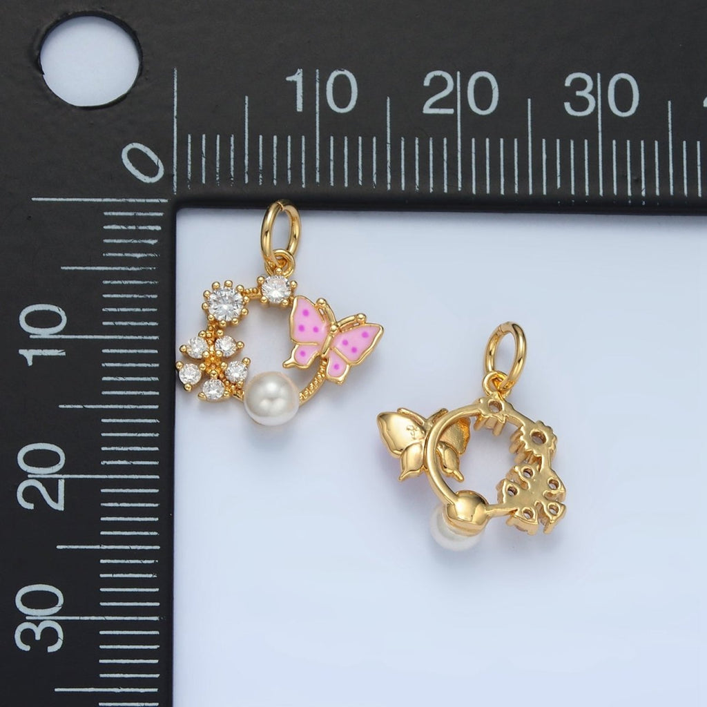 14K Gold plated Butterfly Enamel CZ Flower Pearl Open Round Charm | AG946 - DLUXCA