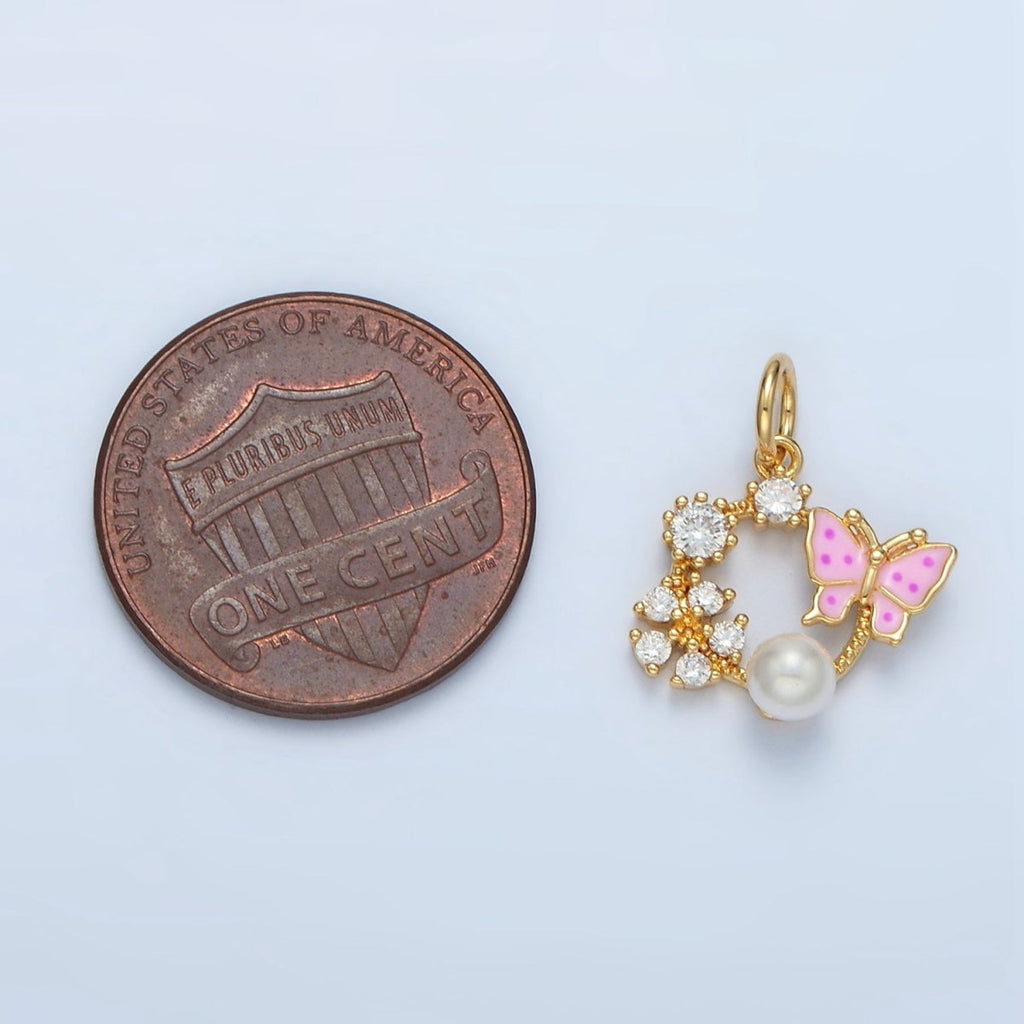 14K Gold plated Butterfly Enamel CZ Flower Pearl Open Round Charm | AG946 - DLUXCA