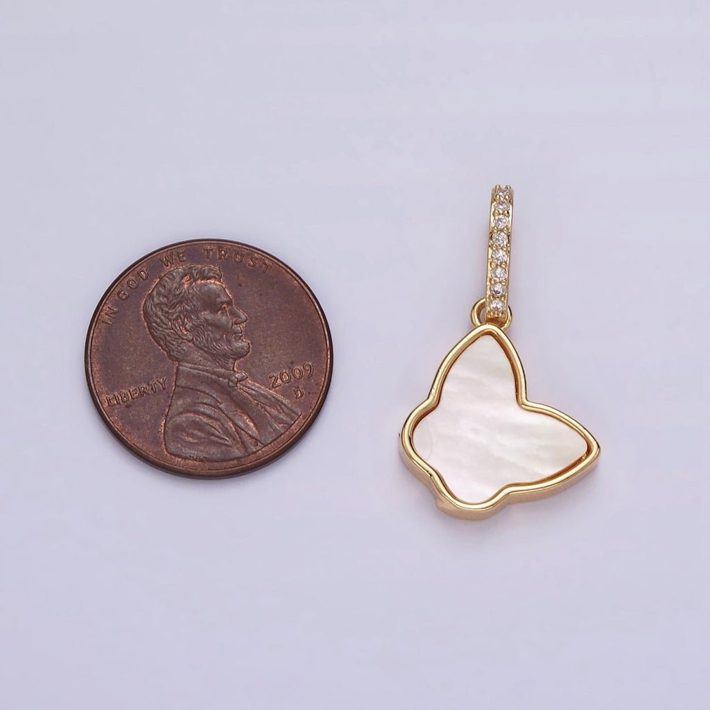 14K Gold plated Butterfly Shell Pearl Micro Paved CZ Bail Pendant | AH054 - DLUXCA