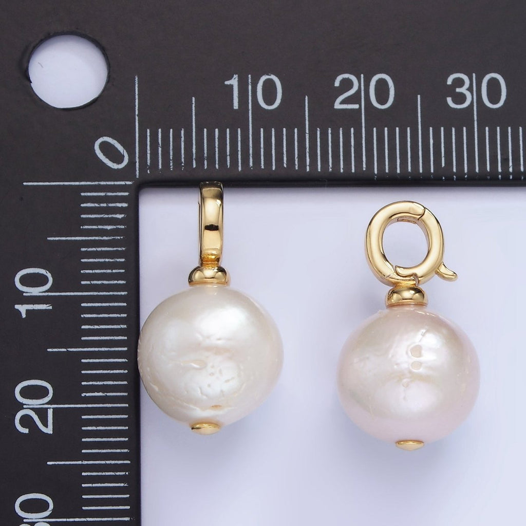 14K Gold plated Button Freshwater Pearl Drop Snap Latch Bail Pendant in Gold & Silver | P1699