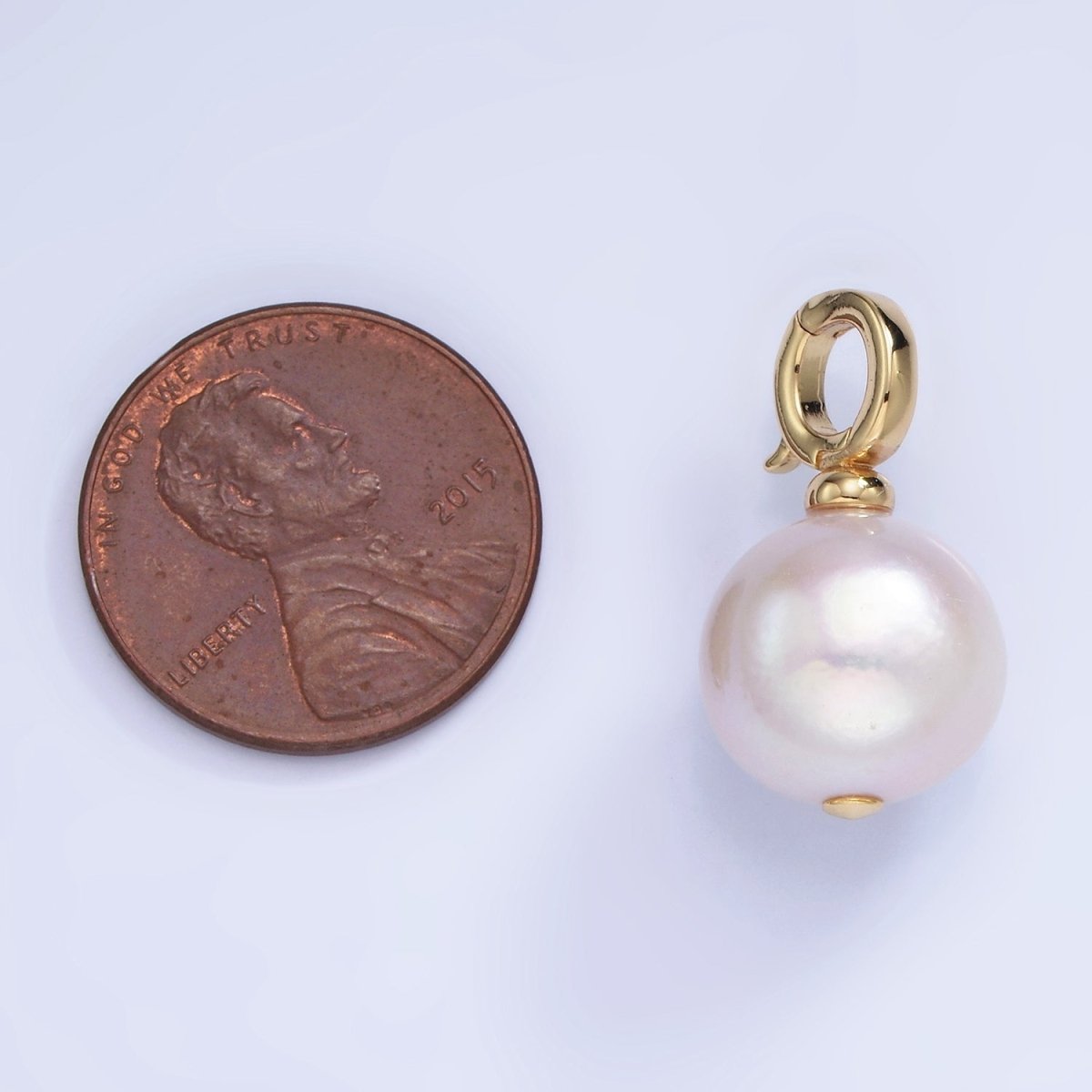 14K Gold plated Button Freshwater Pearl Drop Snap Latch Bail Pendant in Gold & Silver | P1699