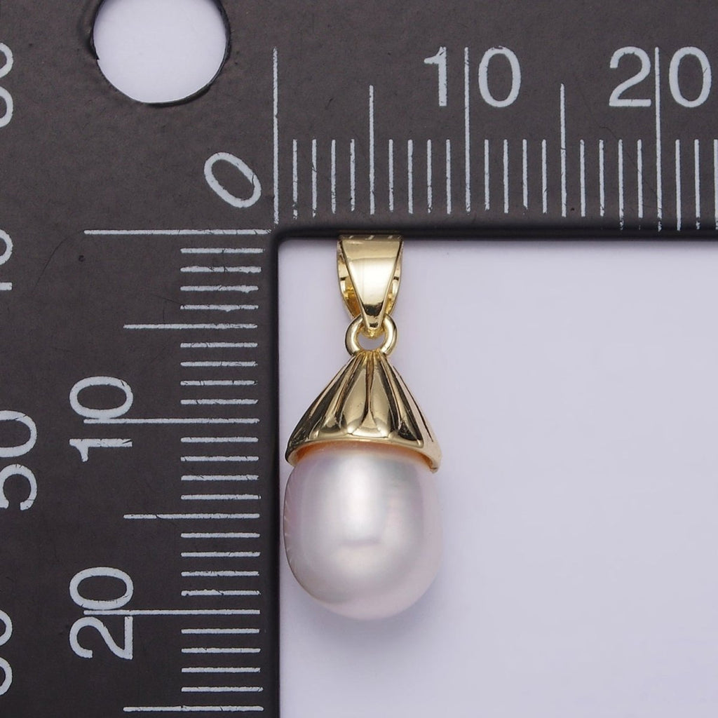 14K Gold plated Button White Pearl Oblong Lined Bail Pendant | AA632 - DLUXCA