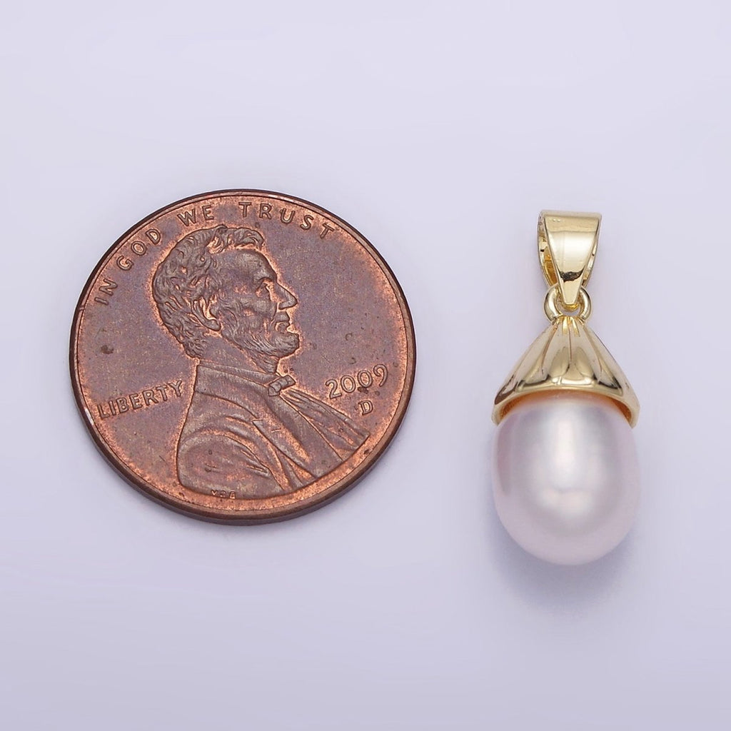 14K Gold plated Button White Pearl Oblong Lined Bail Pendant | AA632 - DLUXCA